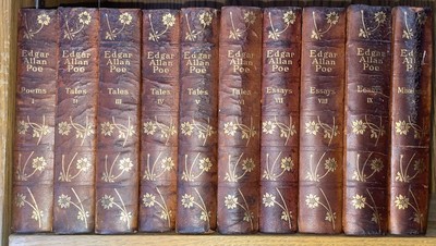 LEATHER Set; WORKS EDGAR ALLAN POE! Gilded Calf Bindings 1902 Complete Rag Paper-image
