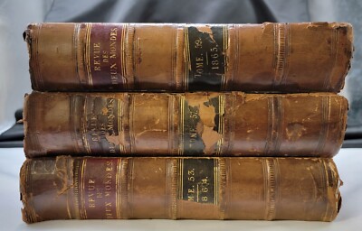 Antique 1884 French Book Set 3 Volumes Leather Revue Des Deux Mondes Home Decor-image