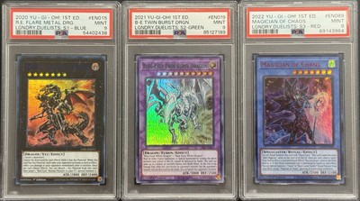 2020-22 YUGIOH PSA 9 LDS ULTRA RARE RED EYES / BLUE EYES / MAGICIAN OF CHAOS SET-image