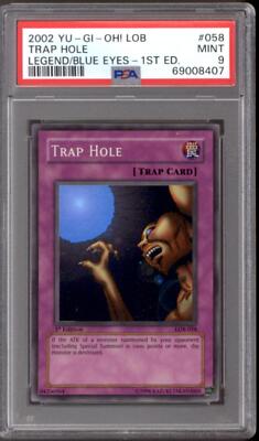 Yu-Gi-Oh Legend of Blue Eyes White Dragon 1st Edition Trap Hole LOB-058 PSA 9-image