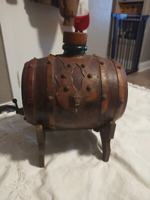 Vintage Leather Bound Decanter Whiskey Barrel Lion Crest With Wooden Stand-image