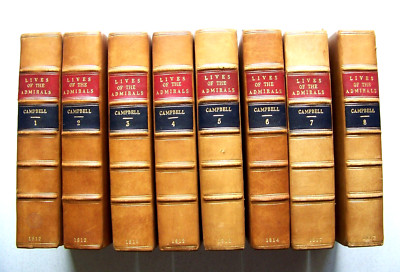 1812-1817 LIVES OF THE BRITISH ADMIRALS By JOHN CAMPBELL 8 Volume Leather Set-image