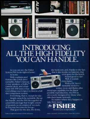 Fisher portable sound system boombox print ad 1982 -image