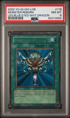2002 YU-GI-OH! LOB-LEGEND OF BLUE EYES WHITE DRAGON #118 MONSTER REBORN PSA 8-image
