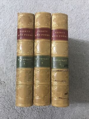 ESSAYS AND POEMS By Thomas B.Macaulay Three Volumes Set Fine Leather Bindings-image