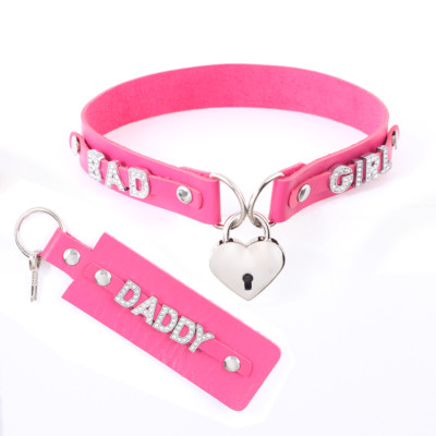 Customized BDSM Gift Necklace Choker Collar Rhinestone Pu Leather Heart LOCK DIY-image