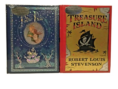❤️SET OF 2 Leather Bound Books PETER PAN / TREASURE ISLAND   NEW -image
