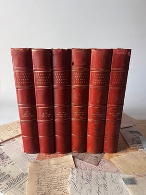 Set of 6 Vintage Large Quarter Leather Bound Mahogony Swedish Bookes with strip-image