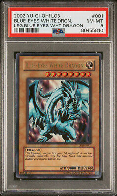 2002 YUGIOH LOB-EN001 BLUE-EYES WHITE DRAGON ULTRA RARE PSA 8 NM-MT #80455810-image