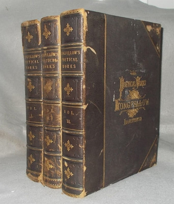 1879 POETICAL WORKS OF HENRY WADSWORTH LONGFELLOW 3 Volume Set LEATHER Engraving-image