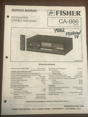 FISHER CA-886 INTEGRATED STEREO AMPLIFIER ORIGINAL SERVICE REPAIR MANUAL -image