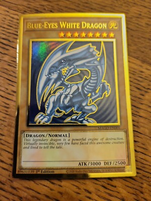 Blue-Eyes White Dragon 1st Run Yugioh Card - Holographic Rare Golden Card Konami-image