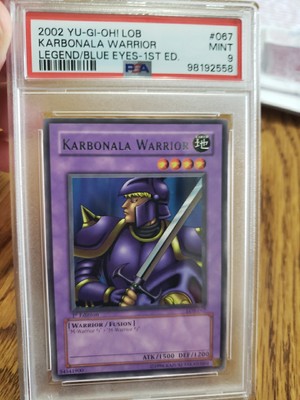 2002 Yu-Gi-Oh LOB-067 Karbonala Warrior Blue Eyes White Dragon 1st Ed PSA Mint 9-image
