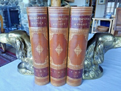 1800's Shakespeare (Shakspere) 3 vol. Leather Set, Knight,  Routledge, VG Cond-image
