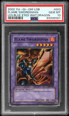 2002 YU-GI-OH! LOB-LEGEND OF BLUE EYES WHITE DRAGON #003 FLAME SWORDSMAN PSA 10-image