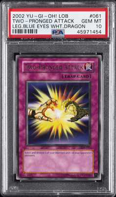 2002 YU-GI-OH! LOB-LEGEND OF BLUE EYES WHITE DRAGON TWO-PRONGED ATTACK PSA 10-image