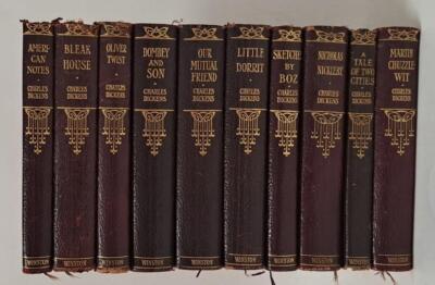Charles Dickens Classics 10 Antique John C. Winston Volumes Moroccan Leather VG!-image
