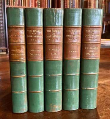 1933 JANE AUSTEN NOVELS Complete Leather Bound Set In 5 x Volumes ORIGINAL TEXT-image