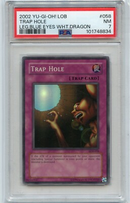 2002 YU-GI-OH! LOB #058 TRAP HOLE, LEGEND OF BLUE EYES WHITE DRAGON, PSA 7 (834)-image