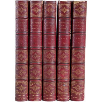 Set of 5 Antique Leather Books: The Poetical Works of Edmund Spenser 1825-image