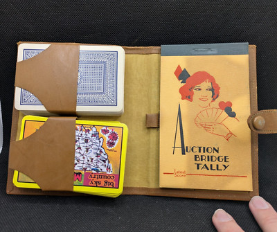 Vintage Leather Bridge Set Case with 2 Deck Playing Cards Auction Tally Pad-image