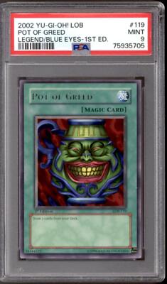 Yu-Gi-Oh Legend of Blue Eyes White Dragon 1st Edition Pot of Greed LOB-119 PSA 9-image