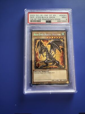 2022 YUGIOH! 1st ED. Red Eyes Black Dragon Tin Of The Pharaoh's Gods PSA 9 Mint-image