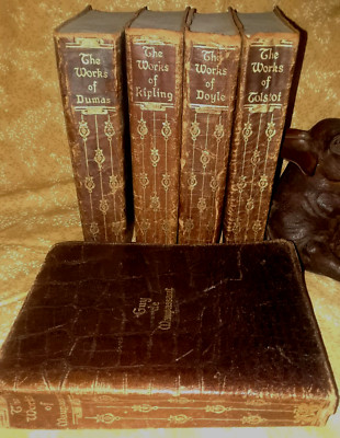 RARE Antique Soft Reptile Leather Bound Fine Set 5 Books by Famous Authors◇Xlnt-image