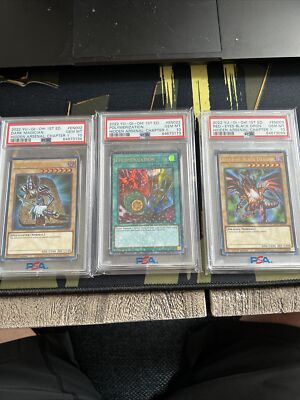 Yugioh x3 PSA 10 �� Dark Magician+Red Eyes b. Dragon+ Polymerization HAC1-EN 1st-image
