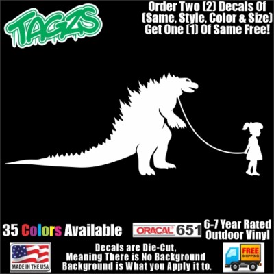 Little Girl Walking Godzilla Funny DieCut Vinyl Window Decal Sticker Car-image