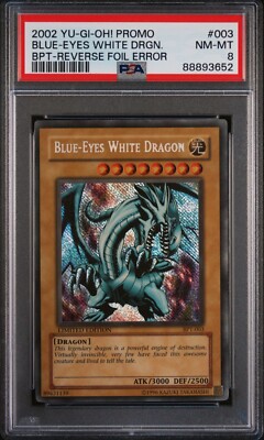 PSA 8 Yugioh BPT-003 Blue-Eyes White Dragon Secret Reverse Foil Error 2002 Tins-image