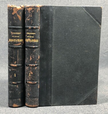 1922 Religious Meditations R.P. Chaignon French Two Volume Leather Book Set-image