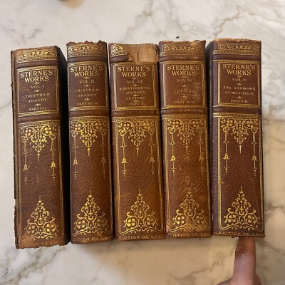 Laurence Sterne Works 1904 lovely 5 vol. leather Deluxe ed. set Antique-image