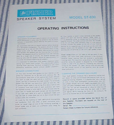 FISHER ST-830 SPEAKER SYSTEM - Operating Instructions-image