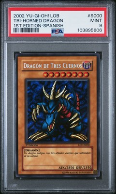 2002 YU-GI-OH! LOB-LEGEND OF BLUE EYES WHITE DRAGON TRI-HORNED DRAGON PSA 9-image