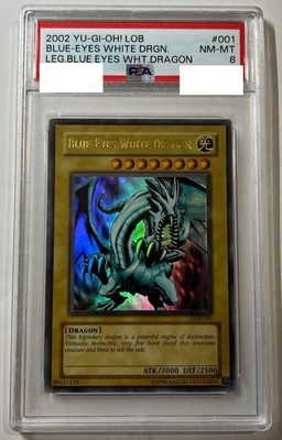 PSA 8 NM 2002 Blue Eyes White Dragon LOB-001 Ultra Rare YuGiOh Card English Holo-image