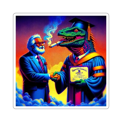Godzilla Graduates Funny Joke Vaporwave Kiss Cut Sticker-image
