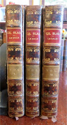 Adventures of Gil Blas 1802 w/ 11 hand colored plates 3 vol. Baynton leather set-image