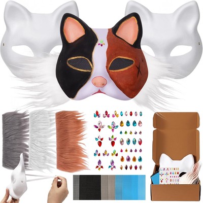 Cat Fox Mask 3PCS with Furs Eye Meshes and Gem Stickers, Therian Dress Up... -image