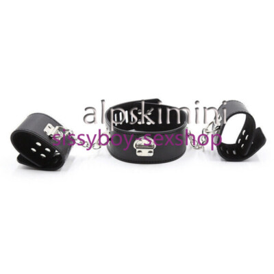 PU Leather Wrist Hand Cuffs Neck Collar Chain Set Slave Lockable Bondage Device-image