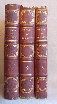 Antique Leather Bound OEUVRES COMPLETES DE MOLIERE 3 Volume Set cuir PLAYS POEMS-image