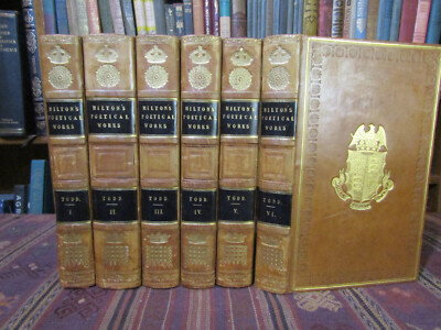 1826 Milton POETICAL WORKS 6 Vol. Set Beautiful Rare Armorial Leather Bindings-image