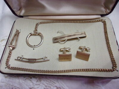 vintage 50's mens jewelry set in case. cufflinks tie bar watch chain 4 pc mib-image