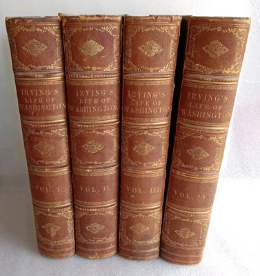 ANTIQUE LEATHER BOOK SET LIFE OF GEORGE WASHINGTON BY WASHINGTON IRVING 1859-image