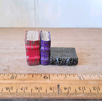 Set Of 3 Artist Made Leather (?) Bound Books Dollhouse Miniature  1:12 Scale-image