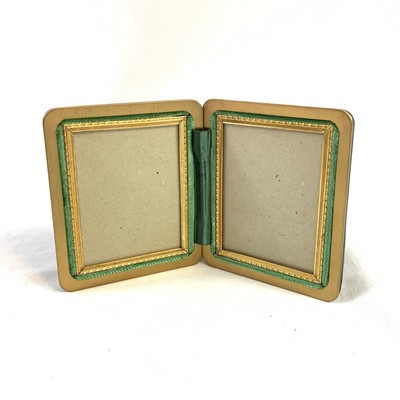 Vtg Green Leather Bound Hinged Picture Frame Case w/ Ornate Gold Frames-image