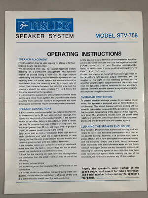 INSTRUCTION MANUAL ONLY Fisher STV-758 Speaker System Original Vintage-image