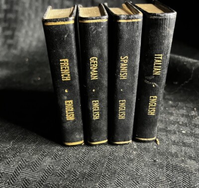 Vtg Midget Dictionary 4 Book Set Burgess & Bowes Ltd. BLACK Leather & Gold-image
