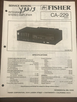 FISHER CA-229 INTEGRATED STEREO AMPLIFIER ORIGINAL SERVICE REPAIR MANUAL -image