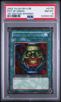 2002 YU-GI-OH! LOB-LEGEND OF BLUE EYES WHITE DRAGON #S179 POT OF GREED PSA 8-image